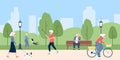 Elderly people walking in park. Senior person activity, healthy lifestyle on retirement. Outdoor time with dog or kids