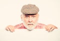 Elderly person. Announcement concept. Event announcement. Pensioner grandfather in vintage hat poster information copy