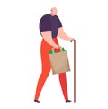 Elderly person with cane holding grocery bag, senior man shopping with walking stick. Independent living and age-related