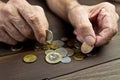An elderly person holds coins .Hands of beggar with few coins. The concept of poverty in retirement Royalty Free Stock Photo