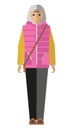 Elderly positive woman in a bright vest. flat vector isolated clipart