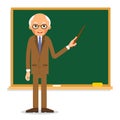 Elderly professor stands in front of blackboard with pointer in Royalty Free Stock Photo
