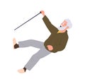 Elderly retired man cartoon character with cane falling feeling dizziness, slipping or stumbling
