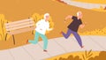 Elderly running in autumn park. Happy seniors characters, outdoor fall activity. Healthy lifestyle vector illustration