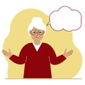 Elderly sad and upset grandmother thinks and empty thought, speech bubble. Hands are spread apart. Place for your text. Royalty Free Stock Photo