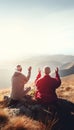 Elderly senior couple meditating in the mountains, back view, AI generated Royalty Free Stock Photo