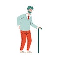 Elderly senior man standing leaning on stick flat vector illustration isolated.