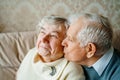 Elderly senior romantic love couple. Old retired man woman together. Aged husband wife in cozy home sweater.Elder Royalty Free Stock Photo