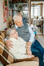 Elderly senior romantic love couple. Old retired man woman together. Aged husband wife in cozy home sweater.Elder Royalty Free Stock Photo