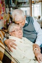 Elderly senior romantic love couple. Old retired man woman together. Aged husband wife in cozy home sweater.Elder Royalty Free Stock Photo
