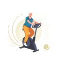 Elderly senior woman on exercise bike. Home workout training on stationary bicycle. Sport indoor retirement, active