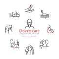 Elderly services banner. Line icons set. Care Help and Accessibility. Disabled People. Vector illustration. Royalty Free Stock Photo