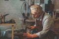 An elderly shoemaker at work indoors