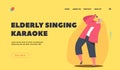 Elderly Singing Karaoke Landing Page Template. Excited Senior Woman with Microphone Singing Song. Old Female Vocalist