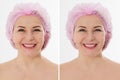 Before-after elderly skin. Before after closeup Beauty middle age woman face portrait. Spa anti aging concept Isolated on white Royalty Free Stock Photo