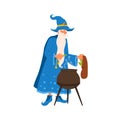 Elderly sorcerer brew potion with magic spell vector flat illustration. Fairytail mage with beard practicing wizardry