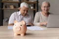 Elderly spouses manage family finances, focus on piggybank on table