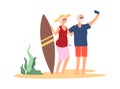 Elderly summer vacation. Grandparent selfie on beach. Happy old couple with surf board near sea. Woman man relaxing and Royalty Free Stock Photo