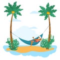 Elderly swarthy man relax in hammock among palms