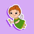 Elderly tooth fairy in a dress with wings and a magic wand. Bright color sticker. Cartoon character. Vector illustration. Design