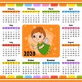 Elderly tooth fairy in a dress with wings and a magic wand. Calendar for 2020 with a cute character. Fun and bright design.