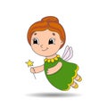 Elderly tooth fairy in a dress with wings and a magic wand. Cute character. Colorful vector illustration. Cartoon style. Isolated