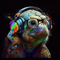 Elderly turtle in headphones. AI generative