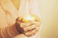 Close up of mature womans hands. Health care giving, nursing home. Parental love of grandmother. Old age related diseases. Royalty Free Stock Photo