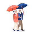 Elderly couple walks under umbrellas