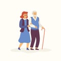 Elderly is walking in autumn concept Vector flat illustration. Aged man and woman going together isolated on light