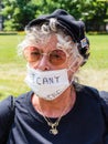 A Woman Wears a Mask with the Words I Can`t Breathe at a Protest in Support of Black Lives Matter