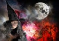 Elderly Witch With Black Hat Full Moon Royalty Free Stock Photo