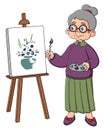 An elderly woman artist draws a picture at the easel. Pensioner painting a landscape Sunset in watercolor and oil. Brushes and Royalty Free Stock Photo