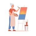 An elderly woman artist draws a picture at the easel. Pensioner painting a landscape Sunset in watercolor and oil Royalty Free Stock Photo