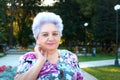 Elderly woman on a background of park vegetation