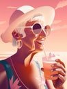 An elderly woman at the beach joyfully sipping a smoothie mixed with antiaging supplements in the pictureperfect Royalty Free Stock Photo