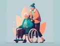 An elderly woman being pushed in her wheelchair with a volunteer on either side lending support and friendship