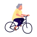 Elderly woman on a bicycle. Activity of the elderly concept. Senior female lifestyle. Mature cyclist leads a healthy