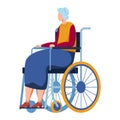 Elderly woman with blue hair sitting in wheelchair, Senior person with mobility aid. Aging, healthcare, and independence