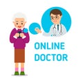 An elderly woman calls up a doctor. A young doctor advises the patient the medicine on the phone. Health care and modern