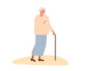 Elderly woman with cane looking at her smartphone and smiling cute. Senior woman holding mobile phone. Senior persone Royalty Free Stock Photo