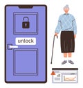 Elderly woman with cane next to door with unlock button and warning on screen, symbolizing accessibility Royalty Free Stock Photo