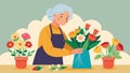 An elderly woman carefully arranging fresh flowers into beautiful bouquets her skill and attention to detail evident in