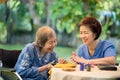 Elderly woman with caregiver in the needle crafts occupational therapy  for Alzheimer or dementia Royalty Free Stock Photo