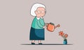 Elderly Woman Character Giving Water To Plant From Watering Can on Gray