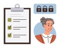 Elderly woman checklist with security locks emphasizing safety and organization Royalty Free Stock Photo