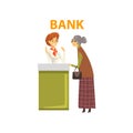 Elderly Woman Consulting at Manager at Bank Office, Female Bank Worker Providing Services to Client Vector Illustration