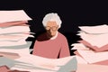 An elderly woman with a contemplative gaze looking at the pile of paperwork that she needs to fill out to switch her