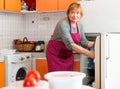 Elderly woman cooks preparing food in the kitchen Royalty Free Stock Photo