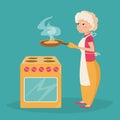 Elderly woman cooks.